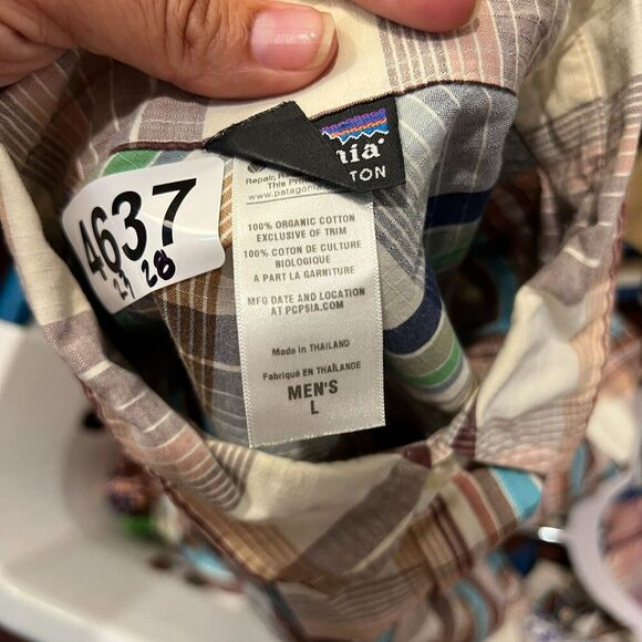 Patagonia Mens White Brown Shirt L Plaid Flannel Button Up Pockets Short Sleeve - Picture 4 of 13